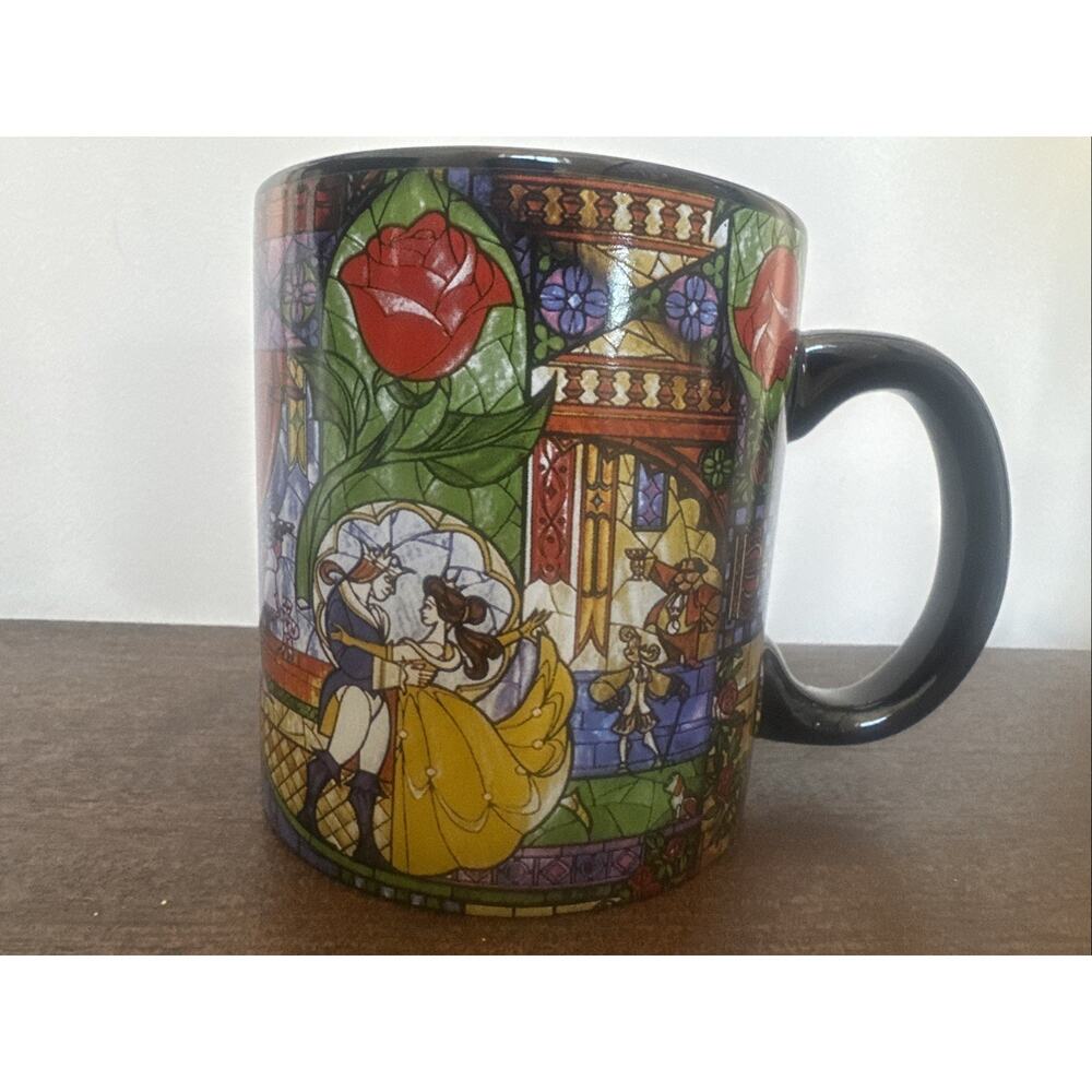 Disney Beauty & The Beast 20 oz Mug Stained Glass Rose Window Lumiere Cogsworth